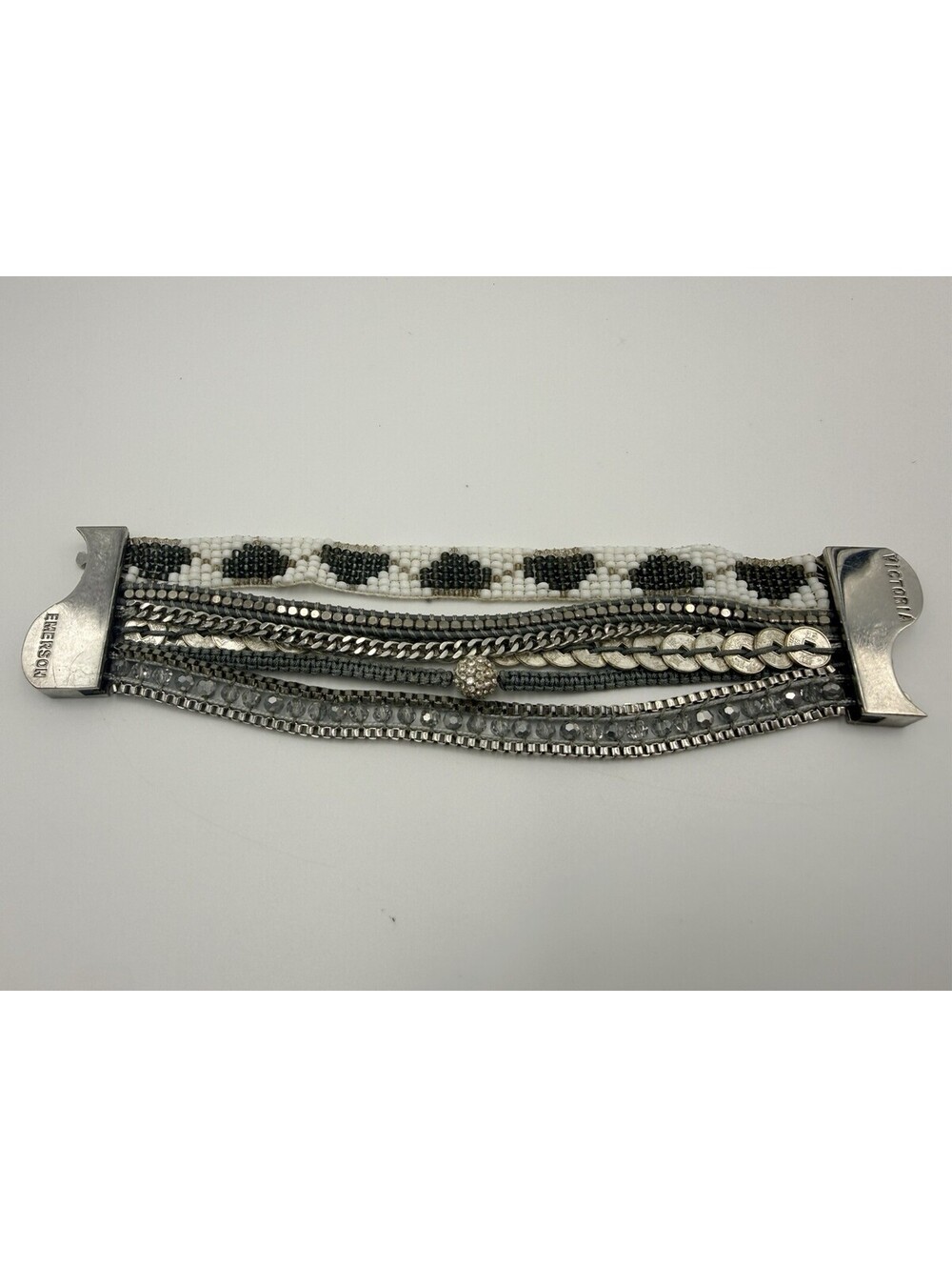 Victoria Emerson Bracelet Crystal Beaded Chain Cuff Womens 7.5 Inch Silver